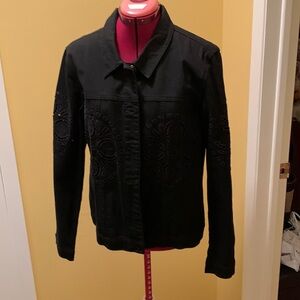 JustFab Black Jean Jacket with embroidered cut outs
